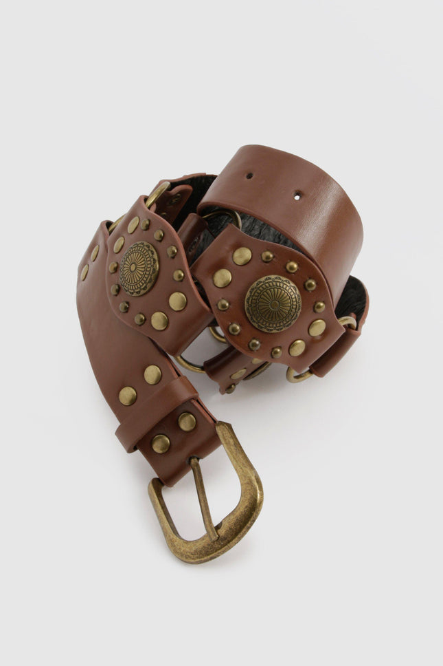 UNICORN Women's western belt with studs and ring brown one size