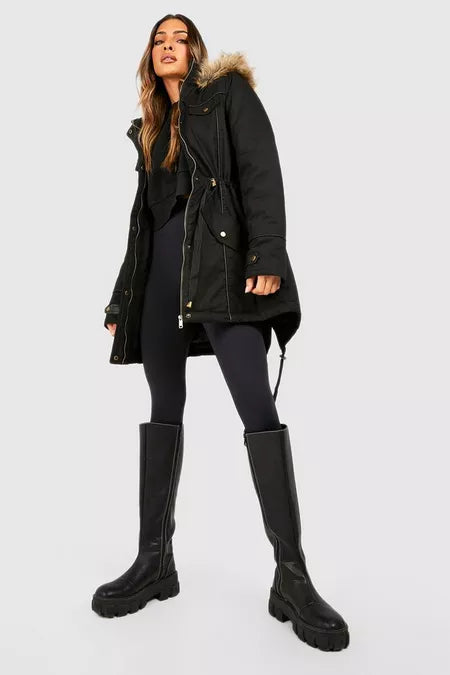 UNICORN women's coat black with fur collar s m l xl xxl