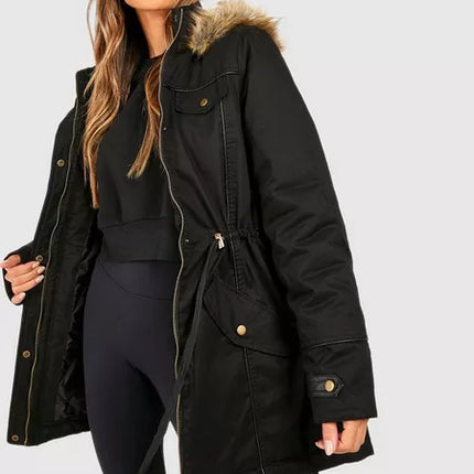 UNICORN women's coat black with fur collar s m l xl xxl