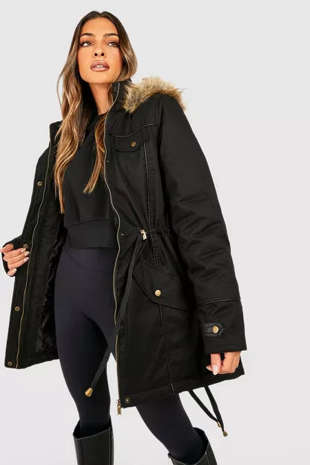 UNICORN women's coat black with fur collar s m l xl xxl