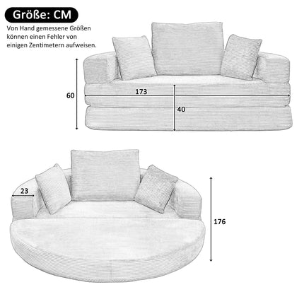 UNICORN Multifunctional Freestanding Foldable Sofa Bed Boneless Couch Oval Bed with Cushions, Modular Sofa Cord Fabric Cover (173 x 176 cm) Suitable for Apartments Living Room Bedroom