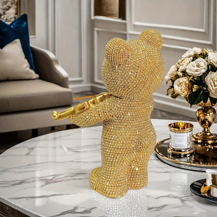 UNICORN Beaded Bear Violinist Statue Resin Music Decoration Pink Golden Silver