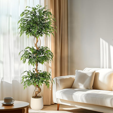 UNICORN Artificial Ficus Tree, Curved Tree Trunk, 180cm Large Artificial Plant with White Pot