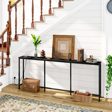 UNICORN Industrial Narrow Console Table with Charging Station & USB Ports Black Brown