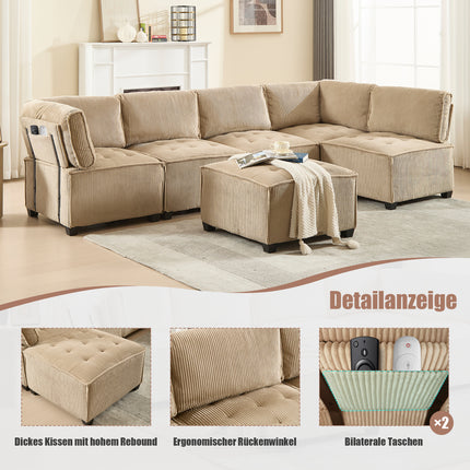 UNICORN Modern Modular 6-Seater Sofa Ergonomic Design with Storage Flexible U-Shaped L-Shaped Sofa Bed Configuration Stable Wooden and Metal Frame Easy Structure Khaki Color