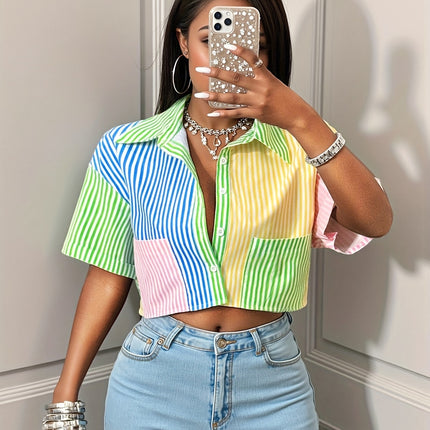 UNICORN Women's Elegant Multi-Color Striped Cropped Shirt with Pockets s m l xl xxl