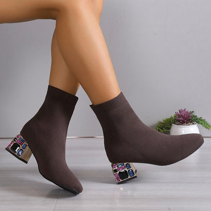 UNICORN Fashion Boots, Single Boots, Chunky Heel Sock Shoes, Knitted Slim Boots