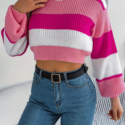 UNICORN Versatile Contrast Stripe Lantern Sleeve Crop Sweater Orange Pink Blue s m l xl