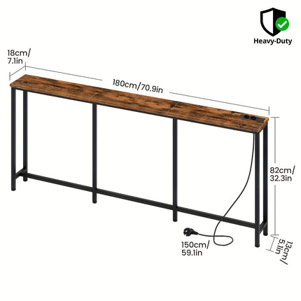 UNICORN Industrial Narrow Console Table with Charging Station & USB Ports Black Brown