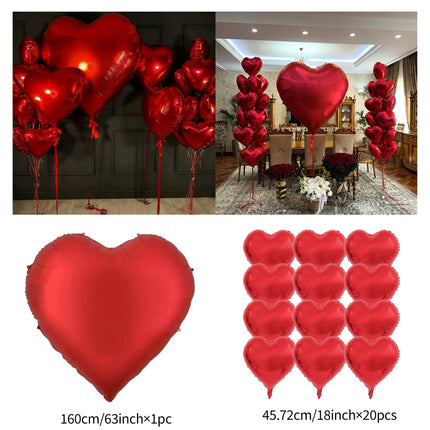 UNICORN 21pcs, 63-Inch Red Foil Balloons with 18-Inch Heart-Shaped Foil Balloons
