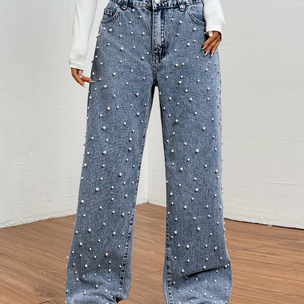 UNICORN Women Wide-Leg Jeans with Pearl Design Blue s m l xl