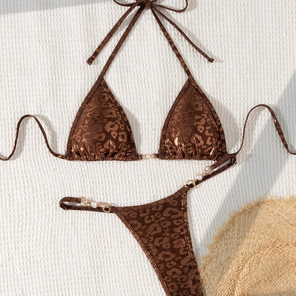 UNICORN Beach Sexy Coffee Leopard Print Pearl Accessory Triangle Bikini Set xs s m l