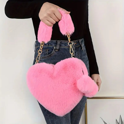 UNICORN Hairy Love Wallet & Crossbody Bag Heart Fake Fur Purse with Chain Strap