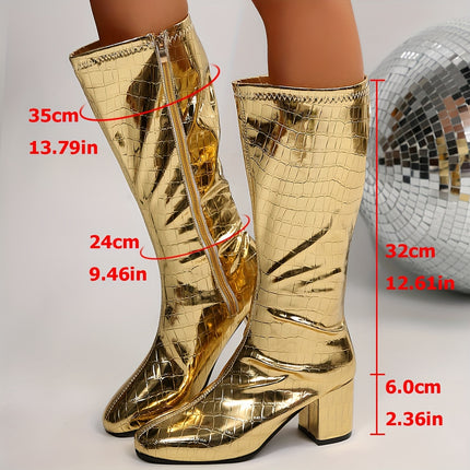 UNICORN Women's Crocodile Pattern Zipper Chunky Heel Rubber Sole Knee-High Boots
