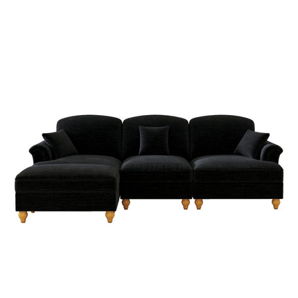 UNICORN Modular Mid-Century L-Shaped 3-Seater Sofa with Chenille Upholstery & Spindle Legs Detachable Apron Panel & Movable Stool Retro Deep Seating Sectional Furniture No Assembly Required Multicolor Op