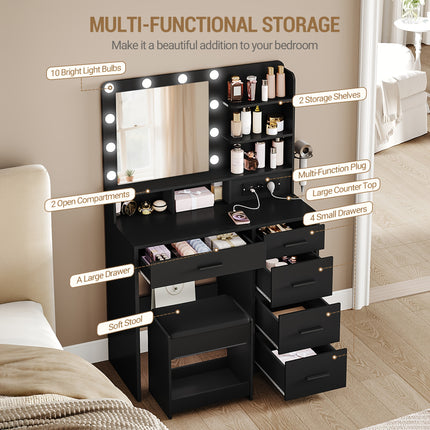 UNICORN Dressing Table with 10 LED Lights, Stool, Hairdryer Holder Black