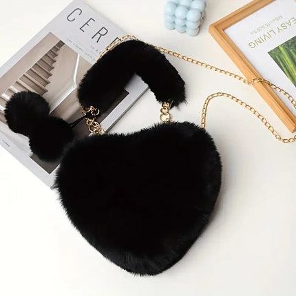 UNICORN Hairy Love Wallet & Crossbody Bag Heart Fake Fur Purse with Chain Strap