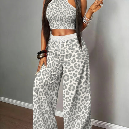 UNICORN Women's Standard Size Grey& White Leopard All-Over Print Halter Top