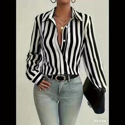 UNICORN Striped Button-Front Shirt, Elegant Long Sleeve Collared Blouse for Women