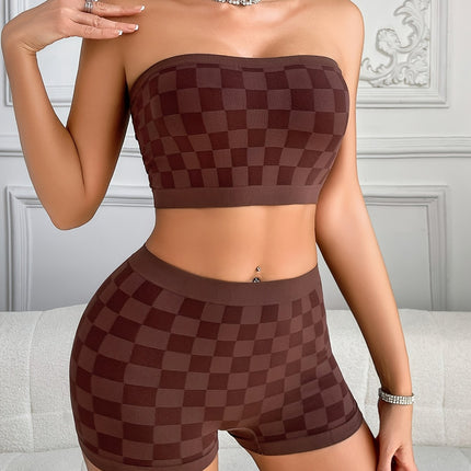 UNICORN Womens Casual Plaid Patterned Lingerie Set, Featuring a Strapless Top s m l