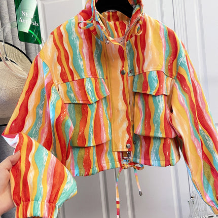 UNICORN Women's Colorful Print Drawstring Pocket Short Jacket Loose Versatile s m l xl
