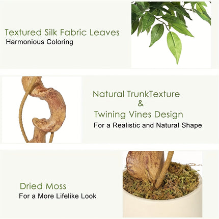 UNICORN Artificial Ficus Tree, Curved Tree Trunk, 180cm Large Artificial Plant with White Pot