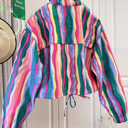 UNICORN Women's Colorful Print Drawstring Pocket Short Jacket Loose Versatile s m l xl