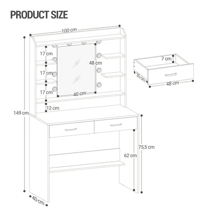UNICORN Jewelry Cabinet with Mirror, Vanity Table with Shelves And 2 Drawers White