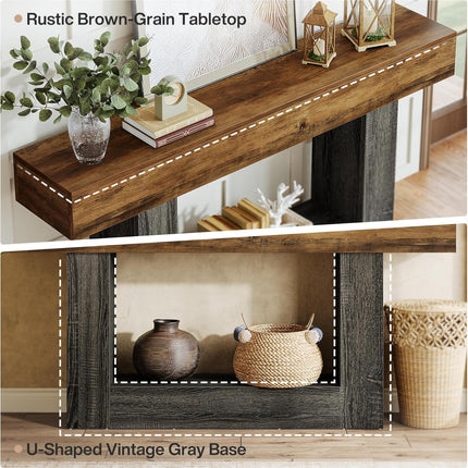 UNICORN 63-Inch Extra Long Farmhouse Console Table - 2-Tier Rustic Brown Wood