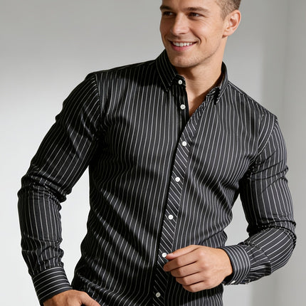 UNICORN Men's Long Sleeve Notch Lapel Button Shirt with Fine White Stripes s m l xl xxl