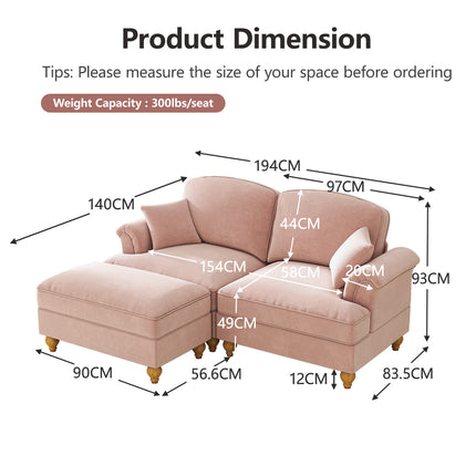 UNICORN Modular Mid-Century L-Shaped 2-Seater Chenille Sofa for Living Room Pink