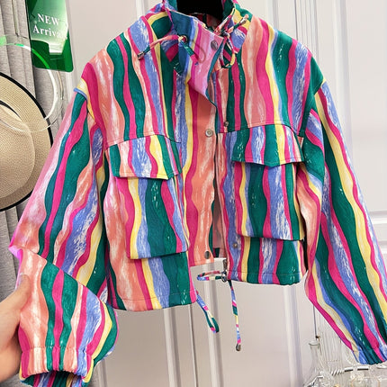UNICORN Women's Colorful Print Drawstring Pocket Short Jacket Loose Versatile s m l xl