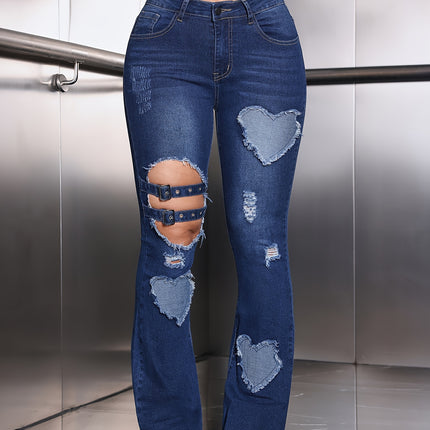UNICORN Washed Distressed Holes Mid-high Waist Elastic Flared Jeans s m l xl xxl