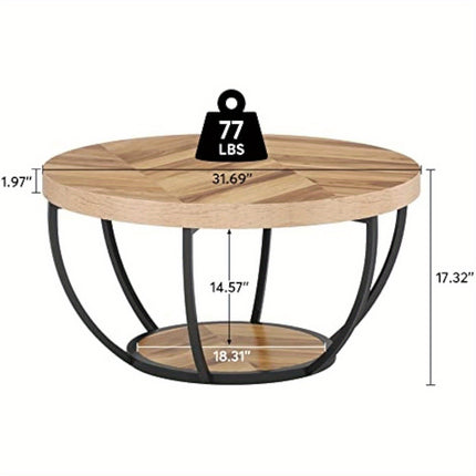 UNICORN 81.28cm Round Coffee Table with 2-Tier Open Storage Wood Grain and Black