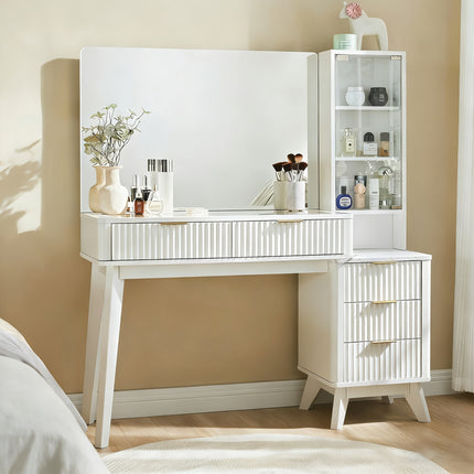 UNICORN 48-Inch Fluted Makeup Vanity Desk Featuring a Large 36-Inch Mirror Table Set White