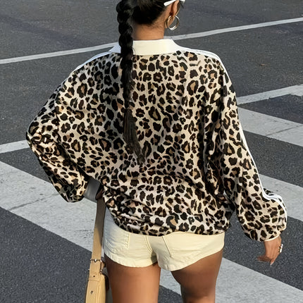 UNICORN Women's Leopard Print Letter Print Side Stripe Loose Pullover s m l xl xxl