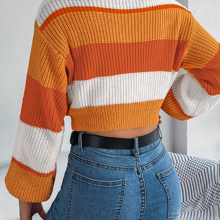 UNICORN Versatile Contrast Stripe Lantern Sleeve Crop Sweater Orange Pink Blue s m l xl