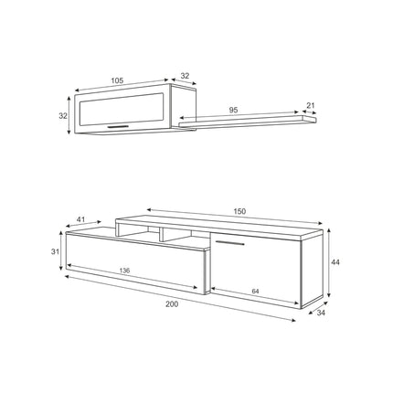 UNICORN Wall Unit TV Stand Living Room Furniture 200x41x44 cm Brown White Black
