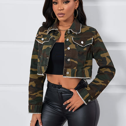 UNICORN Camo Print Raw Hem Cropped Denim Coats, Long Sleeve Denim Jackets xs s m l