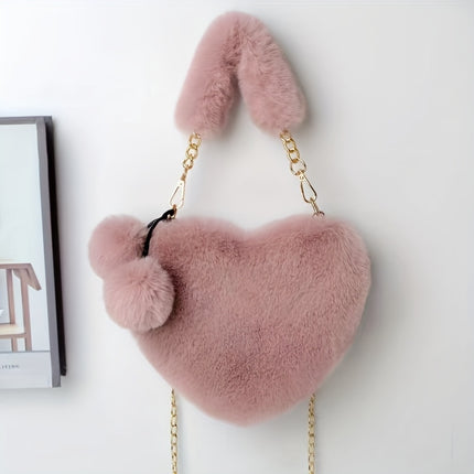 UNICORN Hairy Love Wallet & Crossbody Bag Heart Fake Fur Purse with Chain Strap