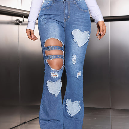 UNICORN Washed Distressed Holes Mid-high Waist Elastic Flared Jeans s m l xl xxl