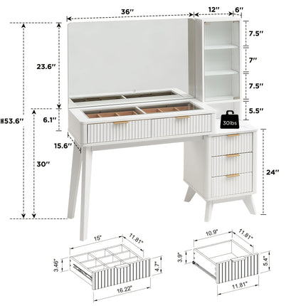 UNICORN 48-Inch Fluted Makeup Vanity Desk Featuring a Large 36-Inch Mirror Table Set White