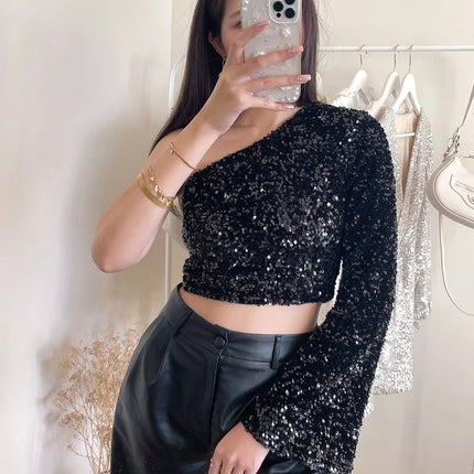 UNICORN Women's shirt crop top black glitter s m l xl