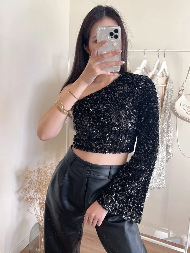 UNICORN Women's shirt crop top black glitter s m l xl