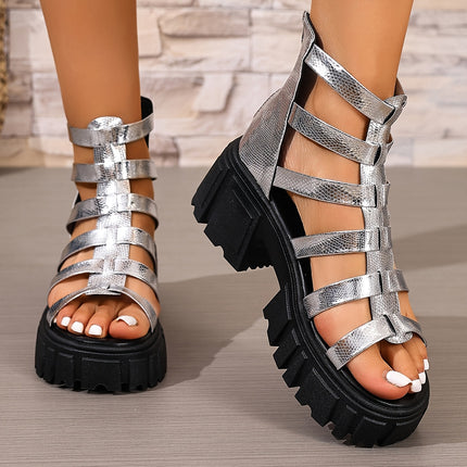 UNICORN Platform Gladiator Sandals for Plus-Size Women Featuring a Silvery Snake Print