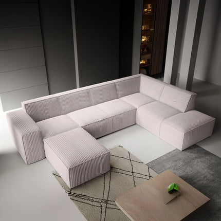 UNICORN Corner sofa 5-seater with chaise longue Fluffy ribbed fabric beige Width 334 cm Height 79 cm Depth 216 cm