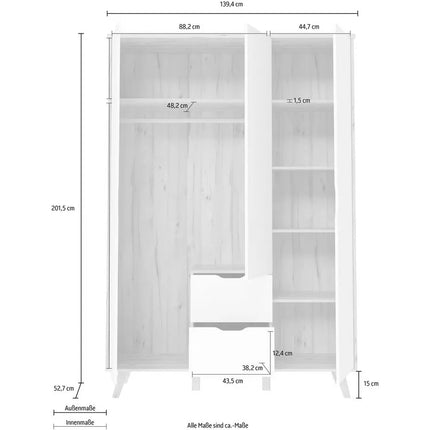UNICORN Wardrobe modern matt white oak brown Width 139.4 cm Depth 52.7 cm Height 201.5 cm