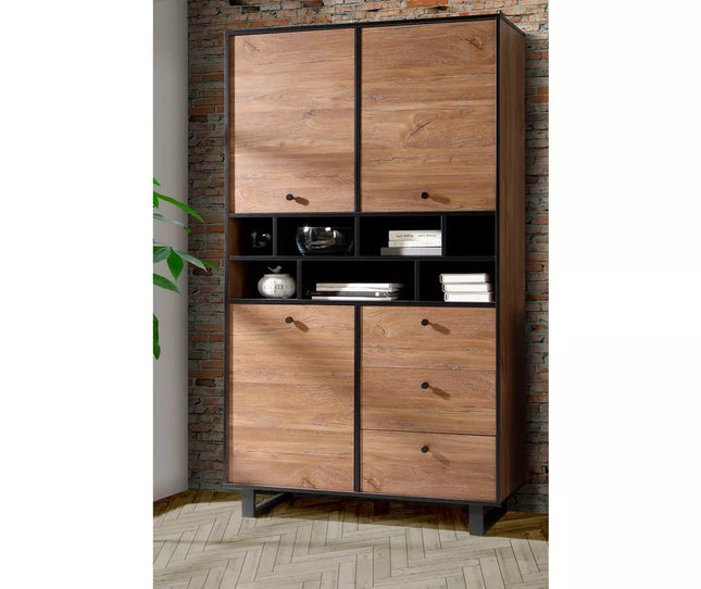 UNICORN Dresser wall unit rural modern oak brown matt black Width 104.9 cm Depth 42 cm Height 182.6 cm
