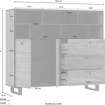 UNICORN Dresser wall unit rural modern black brown Width 144.3 cm Depth 42 cm Height 123.2 cm