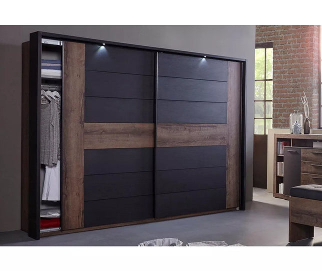 UNICORN Wardrobe sliding door cabinet with lighting modern black oak dark brown Width 270 cm Depth 61 cm Height 210 cm